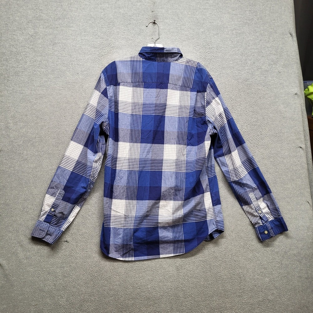GAP Men Button Up Shirt L Blue Plaid‎ Long Sleeve Slim Stretch - Picture 8 of 9